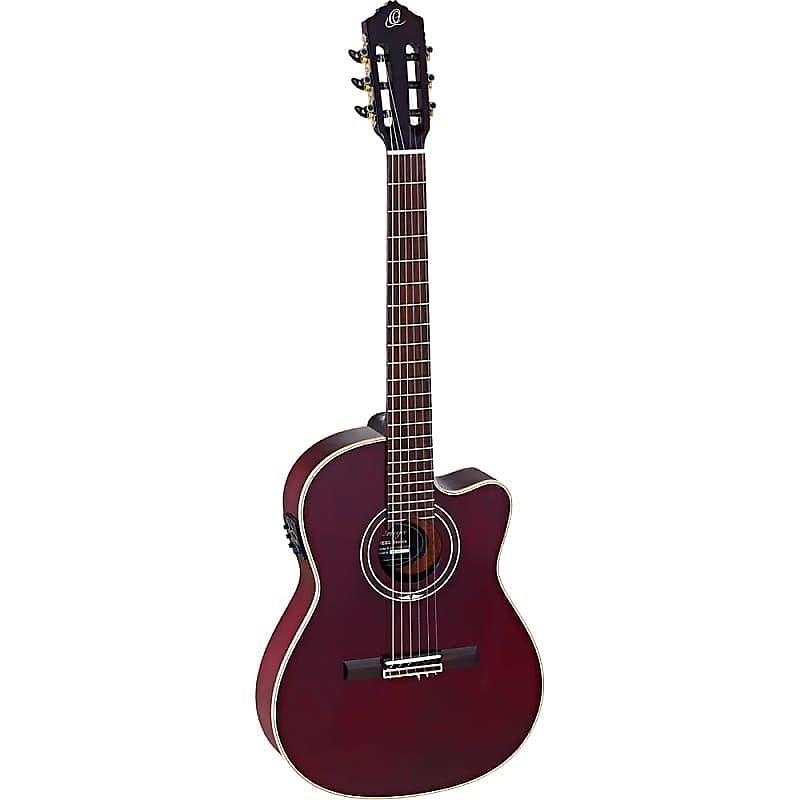 Guitarra acústica de cuerdas de nailon Performer A/E Thinline de Ortega Guitars en color rojo teñido con funda de transporte (pedido por adelantado)